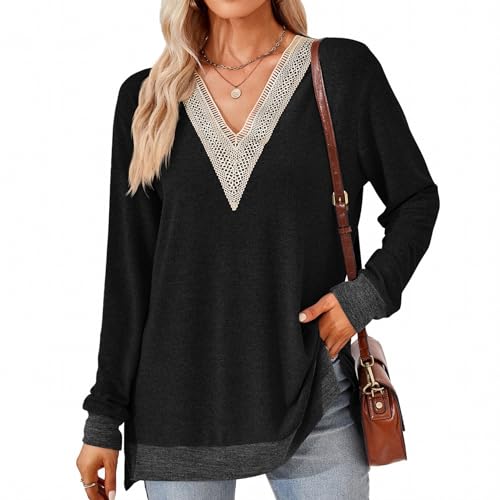 SHEYOW Damen Langarm Pullover Shirts V-Ausschnitt Tunika Lässige Tops Weich Lose Langarmshirt Streetwear (S, Schwarz) von SHEYOW