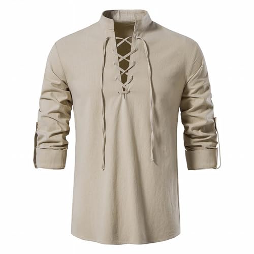 SHEYOW Herren Leinenhemd Langarm Klassisch Mittelalterlich Shirt Hemd Schnürung für Hippie Wikinger Kostüm Halloween(2XL, Beige) von SHEYOW