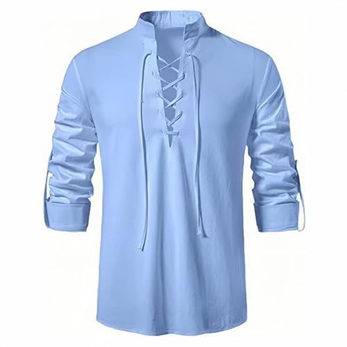SHEYOW Herren Leinenhemd Langarm Klassisch Mittelalterlich Shirt Hemd Schnürung für Hippie Wikinger Kostüm Halloween(M, Blau) von SHEYOW