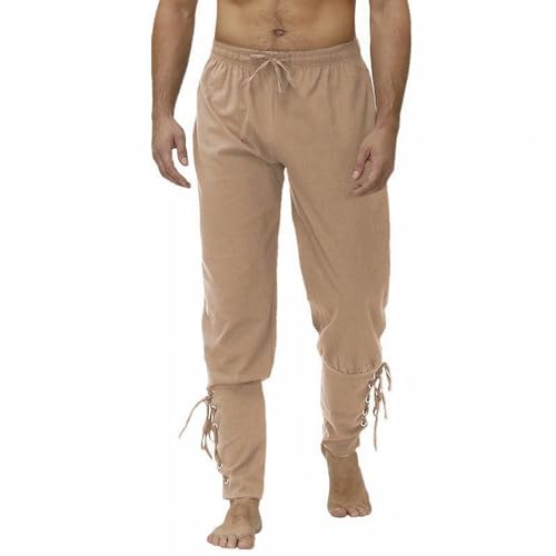 SHEYOW Herren Mittelalter Hose Piratenhose Leinenhose Steampunk Lange Pants Retro Freizeithose für Wikinger Kostüm (3XL, Beige) von SHEYOW