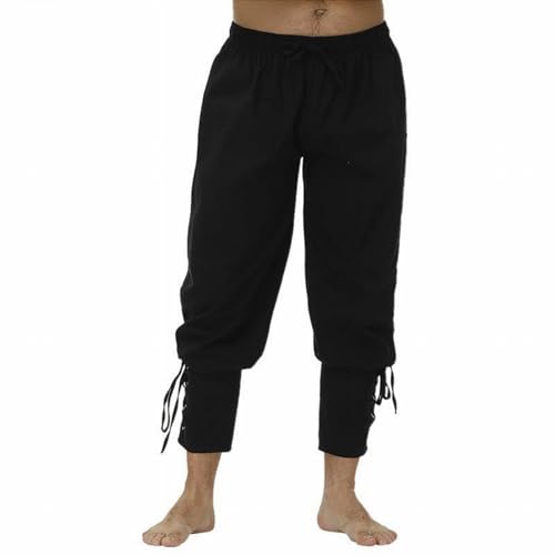 SHEYOW Herren Mittelalter Hose Piratenhose Leinenhose Steampunk Lange Pants Retro Freizeithose für Wikinger Kostüm (L, A Schwarz) von SHEYOW