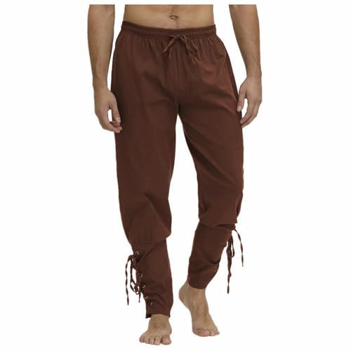 SHEYOW Herren Mittelalter Hose Piratenhose Leinenhose Steampunk Lange Pants Retro Freizeithose für Wikinger Kostüm (L, Braun) von SHEYOW