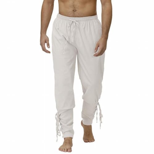 SHEYOW Herren Mittelalter Hose Piratenhose Leinenhose Steampunk Lange Pants Retro Freizeithose für Wikinger Kostüm (M, Weiß) von SHEYOW