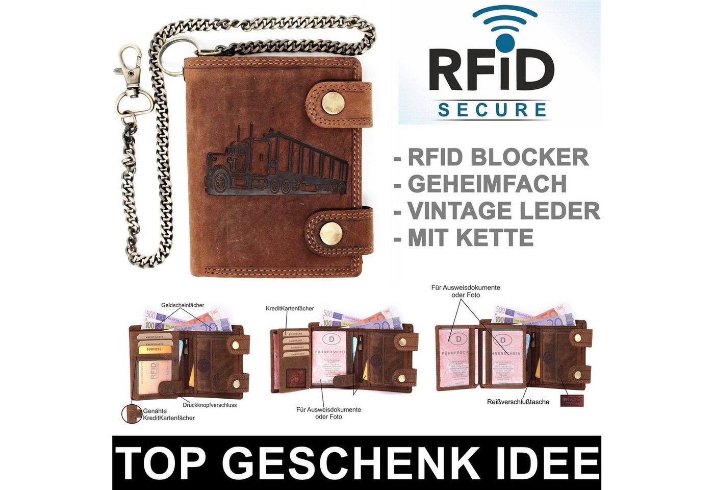 SHG Geldbörse ⌂ Herren Lederbörse Portemonnaie LKW, Geldbeutel mit Münzfach und Kette RFID Schutz Leder LKW von SHG