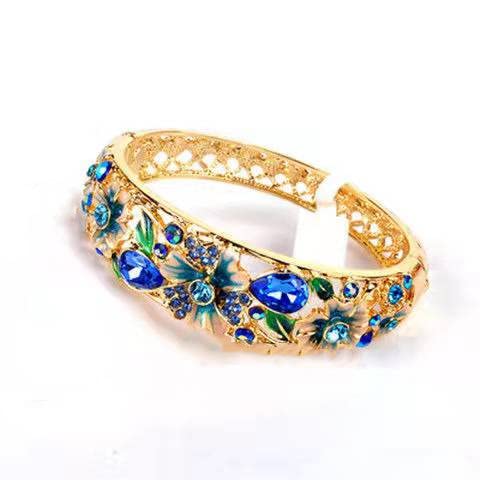 SHGUOMSC Cloisonné Emaille Strass Oval Armband Vintage Hohl Schmuck High End Blume Vergoldung Federscharnier Manschette Armreifen Frauen(Blue_58mmx17mm) von SHGUOMSC