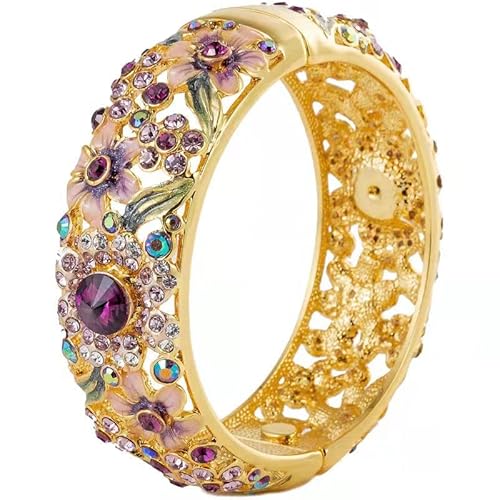 SHGUOMSC Handgefertigtes Cloisonné-Armband mit breitem Strasssteinen, ausgehöhlter Schmuck, hochwertiger Emaille-Blumenvergoldung, Magnetschnalle, Armreifen for Damen(Purple_56mm) von SHGUOMSC