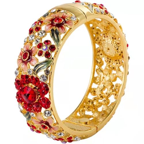 SHGUOMSC Handgefertigtes Cloisonné-Armband mit breitem Strasssteinen, ausgehöhlter Schmuck, hochwertiger Emaille-Blumenvergoldung, Magnetschnalle, Armreifen for Damen(Red_56mm) von SHGUOMSC