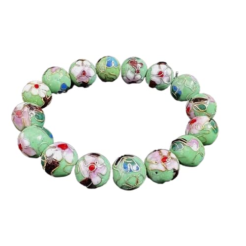 SHGUOMSC Mehrfarbig polierte feine Cloisonné-Emaille-Perlenarmbänder mit 12 mm Perlen for Damen, ethnischer Stretch, elastisch, modisch, Kupferperlen-Armreif(Light Green_12mm) von SHGUOMSC