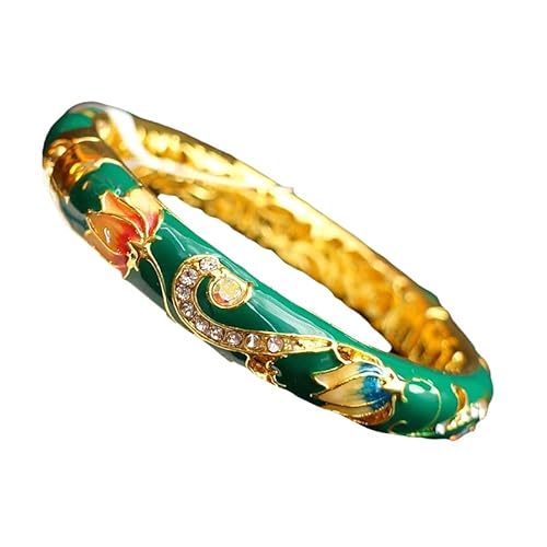 SHGUOMSC Vintage Emaille Strass Armreif Feder Scharnier Manschette Armbänder for Frauen Chinesische Cloisonné Traditionelle Handarbeit Schmuck(Green) von SHGUOMSC