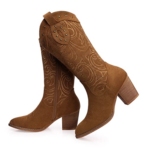 SHIBEVER Cowboy-Cowgirl-Stiefel für Damen: breite Wade, Westernstiefel, spitzer Zehenbereich, klobiger Absatz, Wildleder, bestickt, wadenhoch, CAMEL, 38 EU SHIBEVER Cowboy-Cowgirl-Stiefel für Damen: breite Wade, Westernstiefel, spitzer Zehenbereich, klobiger Absatz, Wildleder, bestickt, wadenhoch, CAMEL, 38 EU von SHIBEVER