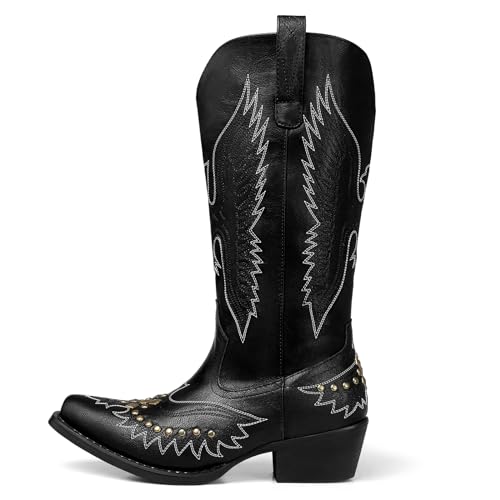 SHIBEVER Cowboystiefel für Damen, Cowgirl: schwarze quadratische Zehenpartie, mittlere Wade, Westernstiefel, breite Stiefeletten, Nieten, modisch, Cowboystiefel, Größe 38, Schwarz, 39 EU von SHIBEVER