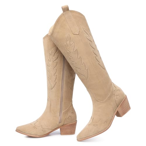 SHIBEVER Cowboystiefel für Damen, kniehoch, Wildleder, spitzer Zehenbereich, Cowgirl-Stiefel, bestickt, zum Überziehen, klobiger Absatz, Westernstiefel, 2679-Khaki, 39 EU SHIBEVER Cowboystiefel für Damen, kniehoch, Wildleder, spitzer Zehenbereich, Cowgirl-Stiefel, bestickt, zum Überziehen, klobiger Absatz, Westernstiefel, 2679-Khaki, 39 EU von SHIBEVER