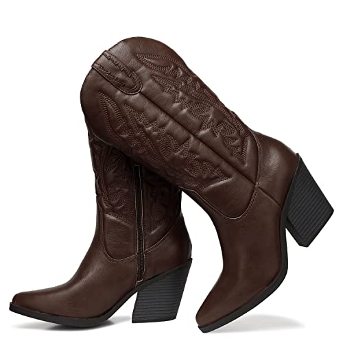 SHIBEVER Cowgirl-Stiefel für Damen, spitze Zehenpartie, Westernstiefel, Cowboy-Stiefel, zum Überziehen, mittlere Wade, klobiger Absatz, Dunkelbraun, 42 EU von SHIBEVER