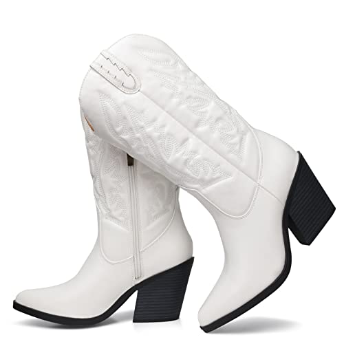 SHIBEVER Cowgirl-Stiefel für Damen, spitze Zehenpartie, Westernstiefel, Cowboy-Stiefel, zum Überziehen, mittlere Wade, klobiger Absatz, Weiss/opulenter Garten, 40.5 EU von SHIBEVER