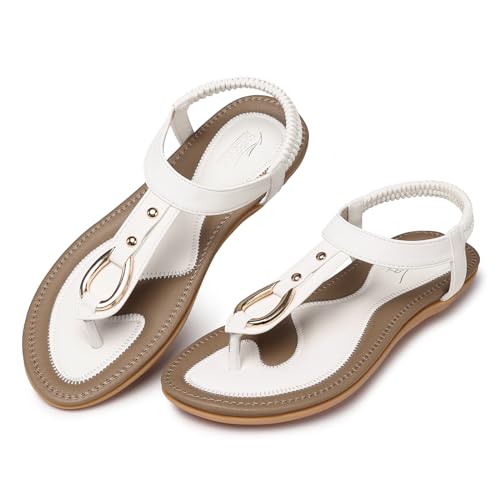 SHIBEVER Damen-Sandalen, bequem, flach: Sommer, lässig, flache Sandalen – elegante T-Riemen-Flip-Flop-Sandalen – bequemes Gehen, 1610-Weiß, 40 EU von SHIBEVER