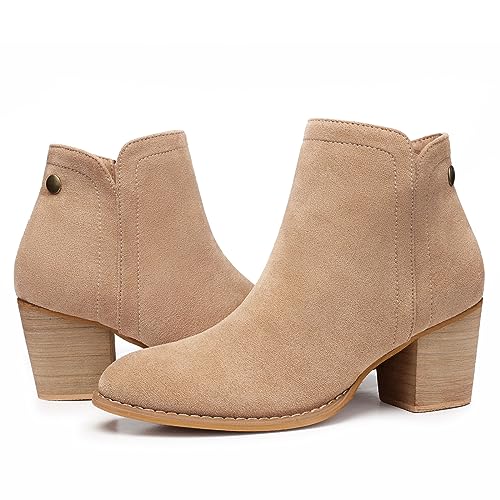 SHIBEVER Damen-Stiefeletten Absatz: Chunky Low Heeled Mandel Toe Kurze Booties mit Reißverschluss Wildlederimitat Kleid Western Herbst 2025 Schuhe, Apricot Suede, 38 EU von SHIBEVER
