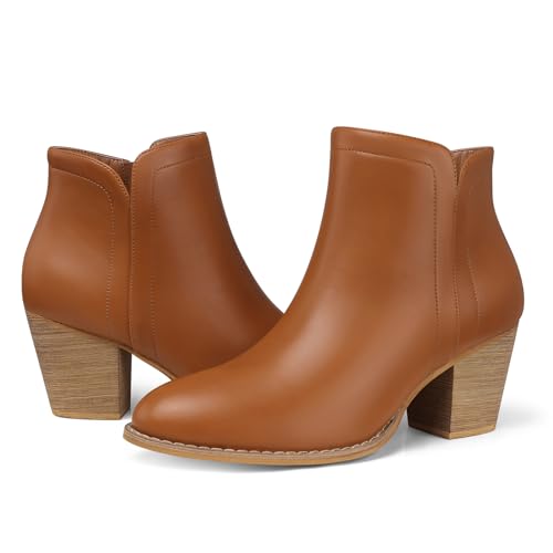 SHIBEVER Damen-Stiefeletten Absatz: Chunky Low Heeled Mandel Toe Kurze Booties mit Reißverschluss Wildlederimitat Kleid Western Herbst 2025 Schuhe, Braun PU, 36 EU von SHIBEVER