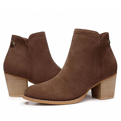 SHIBEVER Damen-Stiefeletten Absatz: Chunky Low Heeled Mandel Toe Kurze Booties mit Reißverschluss Wildlederimitat Kleid Western Herbst 2025 Schuhe, Dunkelbraunes Wildleder, 43 EU von SHIBEVER