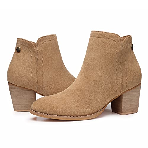 SHIBEVER Damen-Stiefeletten Absatz: Chunky Low Heeled Mandel Toe Kurze Booties mit Reißverschluss Wildlederimitat Kleid Western Herbst 2025 Schuhe, Hellbraunes Wildleder, 42.5 EU von SHIBEVER