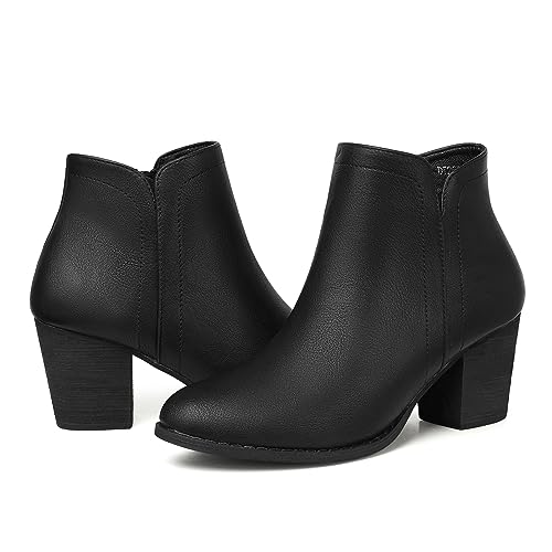 SHIBEVER Damen-Stiefeletten Absatz: Chunky Low Heeled Mandel Toe Kurze Booties mit Reißverschluss Wildlederimitat Kleid Western Herbst 2025 Schuhe, Schwarz (Black Pu), 42.5 EU von SHIBEVER