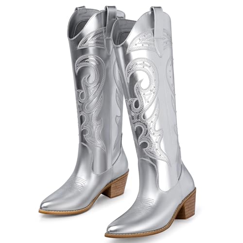 SHIBEVER Hohe Cowboystiefel für Frauen: Knie Cowgirl Low Heel Metallic Western Glitter Spitze Zehe Lederstiefel, 47 Silber, 39 EU von SHIBEVER