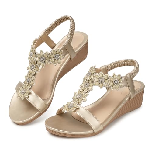 SHIBEVER Keilsandalen für Damen, bequem, zum Reinschlüpfen, Boho, elegant, Strand, Wandern, Gummi, Strass, glitzernde Sandale, Champagner, 39 EU von SHIBEVER