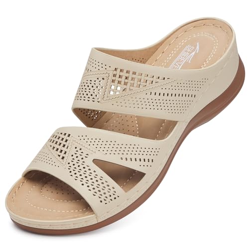 SHIBEVER Keilsandalen für Damen, elegant: Sommer, Wandersandalen, bequem, zum Hineinschlüpfen, lässig, offener Zehenbereich, ausgehöhlt, niedriger Keilabsatz, 3107 Khaki, 38.5 EU von SHIBEVER