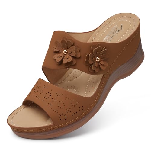SHIBEVER Keilsandalen für Frauen Hollow Out Slip On Plateau Keilsandalen Sommer Freizeit Sandalen Wanderschuhe, 52 Dunkelbraun, 37 EU von SHIBEVER