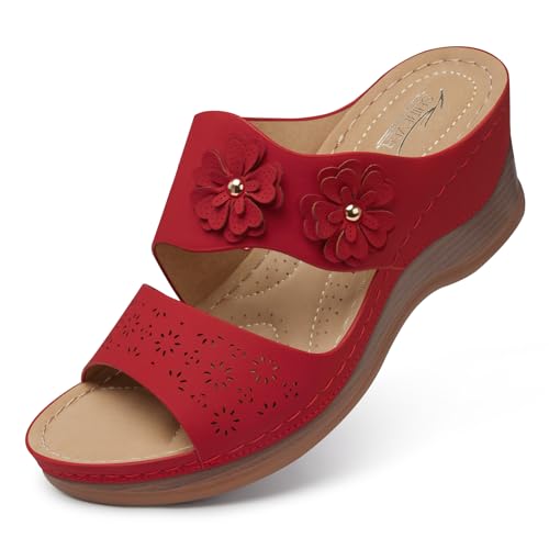 SHIBEVER Keilsandalen für Frauen Hollow Out Slip On Plateau Keilsandalen Sommer Freizeit Sandalen Wanderschuhe, 52 Rot, 35.5 EU von SHIBEVER