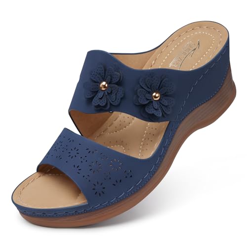 SHIBEVER Keilsandalen für Frauen Hollow Out Slip On Plateau Keilsandalen Sommer Freizeit Sandalen Wanderschuhe, 52 blau, 35.5 EU von SHIBEVER