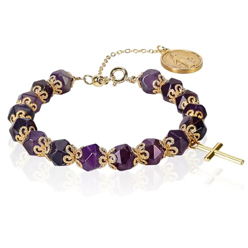 Amethyst Armband Damen, Natürliches Kristall Heilung Armband Verstellbarer, Edelsteinarmband Mädchen 18K Gold mit Kreuz, katholische Armband für Erstkommunion, Taufe & Glücksbringer Geschenk Amethyst Armband Damen, Natürliches Kristall Heilung Armband Verstellbarer, Edelsteinarmband Mädchen 18K Gold mit Kreuz, katholische Armband für Erstkommunion, Taufe & Glücksbringer Geschenk von SHIEAGLELD
