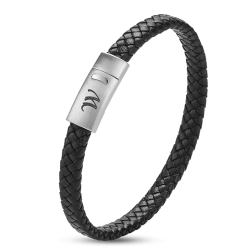 SHIEAGLELD Lederarmband Herren Armband mit Buchstaben Edelstahl Gravur A-Z Buchstabe Armband Männer, Handgewebtes Magnetverschluss Herren, Valentinstag Weihnachten Geburtstag Geschenke Idee von SHIEAGLELD