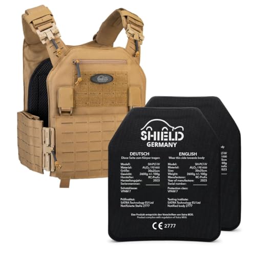 SHIELD Germany® SK4 / NIJ IV Plattenträger Weste Coyote- mit oder ohne 2X SK4 Platte Taktische Schutzweste, schusssichere Weste (SK4 / NIJ IV (nach BSW7 zertifiziert)) von SHIELD Germany