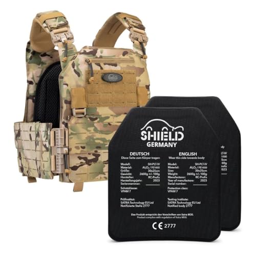 SHIELD Germany® SK4 / NIJ IV Plattenträger Weste Multicam Hell - mit 2X SK4 Platte Taktische Schutzweste, schusssichere Weste(SK4 / NIJ IV (nach BSW7 Zertifiziert)) von SHIELD Germany