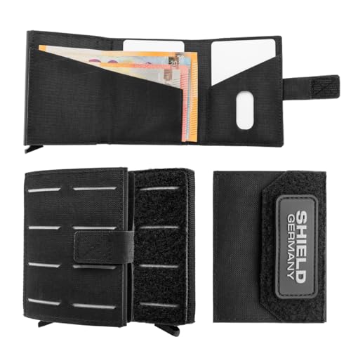 SHIELD Germany Tactical Wallet - Geldbörse Herren - Robustes Herren Portemonnaie aus Cordura Bundeswehr Stoff RFID Cardholder - Platz für 12 Karten (Mit Münzfach (gleiche Farbe, Schwarz) von SHIELD Germany