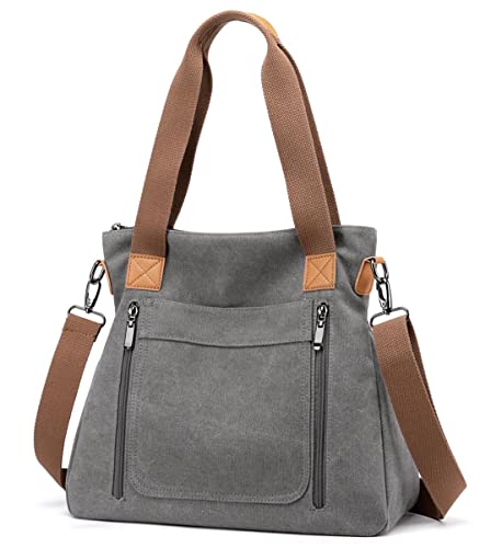 SHIFANQI Canvas Einkaufstasche für Frauen, Vintage Hobo Schultertasche, Damen handtasche, mehrere Taschen, Crossbody Handtaschen mit oberem Griff, Handtaschen für Arbeit, Schule, Reisen (Grau) von SHIFANQI