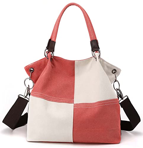 SHIFANQI Damen Canvas Hobo Umhängetasche Damen Handtasche Vintage Kontrast Work Tote Top Handle Taschen für Arbeit Schule Reisen Casual Daily mit verstellbarem Schultergurt (Rot) von SHIFANQI