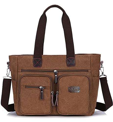 SHIFANQI Damen-Laptop-Einkaufstasche für die Arbeit, leichtes Segeltuch, 15,6 Zoll, Handtasche mit Griff oben, Handtasche, Umhängetasche mit mehreren Reißverschlusstaschen(Braun) von SHIFANQI