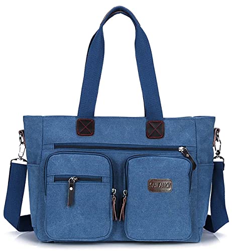 SHIFANQI Damen-Laptop-Einkaufstasche für die Arbeit, leichtes Segeltuch, 15,6 Zoll, Handtasche mit Griff oben, Handtasche,Umhängetasche mit mehreren Reißverschlusstaschen(Blau) von SHIFANQI