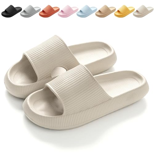 Cloud Slides für Damen und Herren, rutschfeste Kissenpantoffeln mit dicker Sohle, Duschpantoffeln, Badesandalen (Beige, EU Schuhgrößensystem, Erwachsene, Herren, Numerisch (von/bis), M, 38, 39) von SHIHANBAOBEI