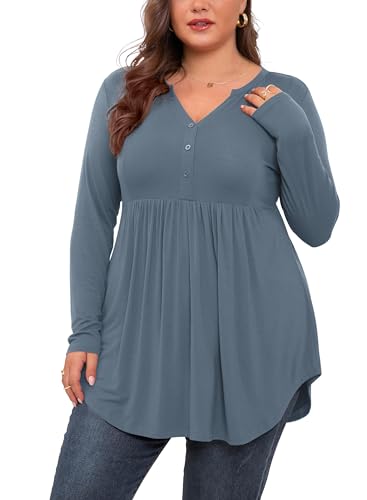 SHIJIALI Damen Plus Size Henley Shirts V-Ausschnitt Knopf Tunika Tops Casual Langarm Swing Flowy Bluse, Langarm, Graublau, X-Large Plus von SHIJIALI
