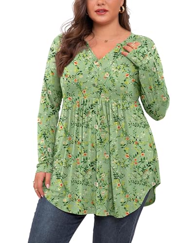 SHIJIALI Damen Plus Size Henley Shirts V-Ausschnitt Knopf Tunika Tops Casual Langarm Swing Flowy Bluse, Lange Ärmel, Fp-Grün (Orang-Blume), X-Large Plus von SHIJIALI