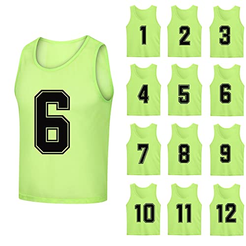 SHIJIXING 12 Stück (1–12) nummerierte Pinnies/Fußball-Trainings-Lätzchen/Basketball-Trikots für Kinder, Jugendliche und Erwachsene, 1-12 Neongrün, M von SHIJIXING