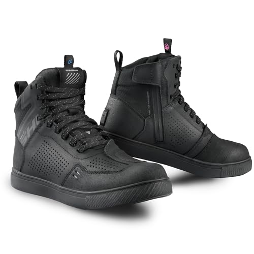 SHIMA REBEL 2.0 Motorrad Schuhe Herren Leder Wasserdicht Motorradstiefel Protektoren Sneaker Rutschfeste Sohle Knöchelstütze Seitlicher Reißverschluss Bikerboots (Frauen, Wasserdicht Schwarz, 40) von SHIMA