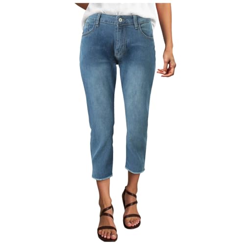 3/4 Hose Damen Capri Jeans Leggings 7/8 Stretch High Waist Caprihose Leicht Boyfriend Sommerjeans Skinny Mom Jeggings Sommer Dreiviertel Hose Damen Sommer Stretch Caprihose (A-Light Blue, XL) von SHINEHUA