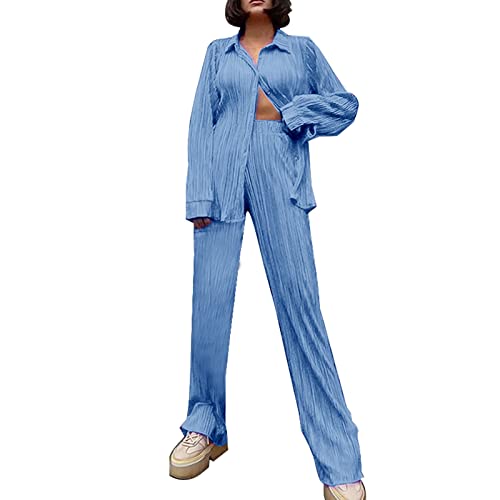 Damen Plissee Zweiteiler Outfit Elegant 2 Teiler Hosenanzug Set Frauen Langarmshirt High Waist Freizeithose Outfits Sommer Herbst Loungewear Streetwear Damen Sommer Plissee Set (A-Sky Blue, XL) von SHINEHUA