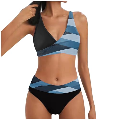 SHINEHUA Damen Bikini Set Wickeloptik Lace Up Bikini Set Neckholder Bikini Oberteil High Waist Wickel Bikinihose Tiefer V Ausschnitt Sportlich Zweiteiliger Strandbikini (A3-Navy, XL) von SHINEHUA