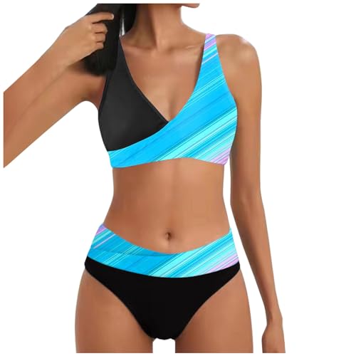 SHINEHUA Damen Bikini Set Wickeloptik Lace Up Bikini Set Neckholder Bikini Oberteil High Waist Wickel Bikinihose Tiefer V Ausschnitt Sportlich Zweiteiliger Strandbikini (A4-Sky Blue, XXL) von SHINEHUA