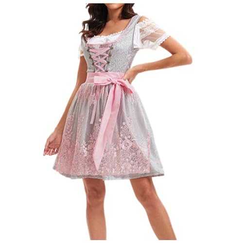 SHINEHUA Damen Dirndl Kurz Midi 3tlg. für Oktoberfest-DREI Teilig Damen Trachtenkleid Frauen Oktoberfest Kostüm Cosplay Outfit Midi Lang Dirndl Trachtenkleid (L) von SHINEHUA
