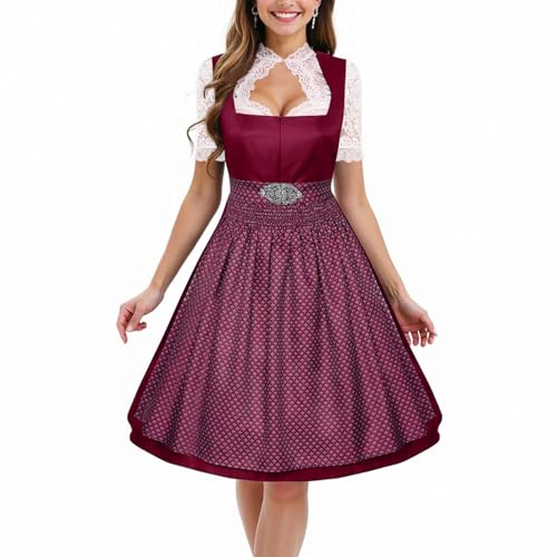 SHINEHUA Damen Dirndl Kurz Midi 3tlg. für Oktoberfest-DREI Teilig Damen Trachtenkleid Frauen Oktoberfest Kostüm Cosplay Outfit Midi Lang Dirndl Trachtenkleid (V2-Red, S) von SHINEHUA